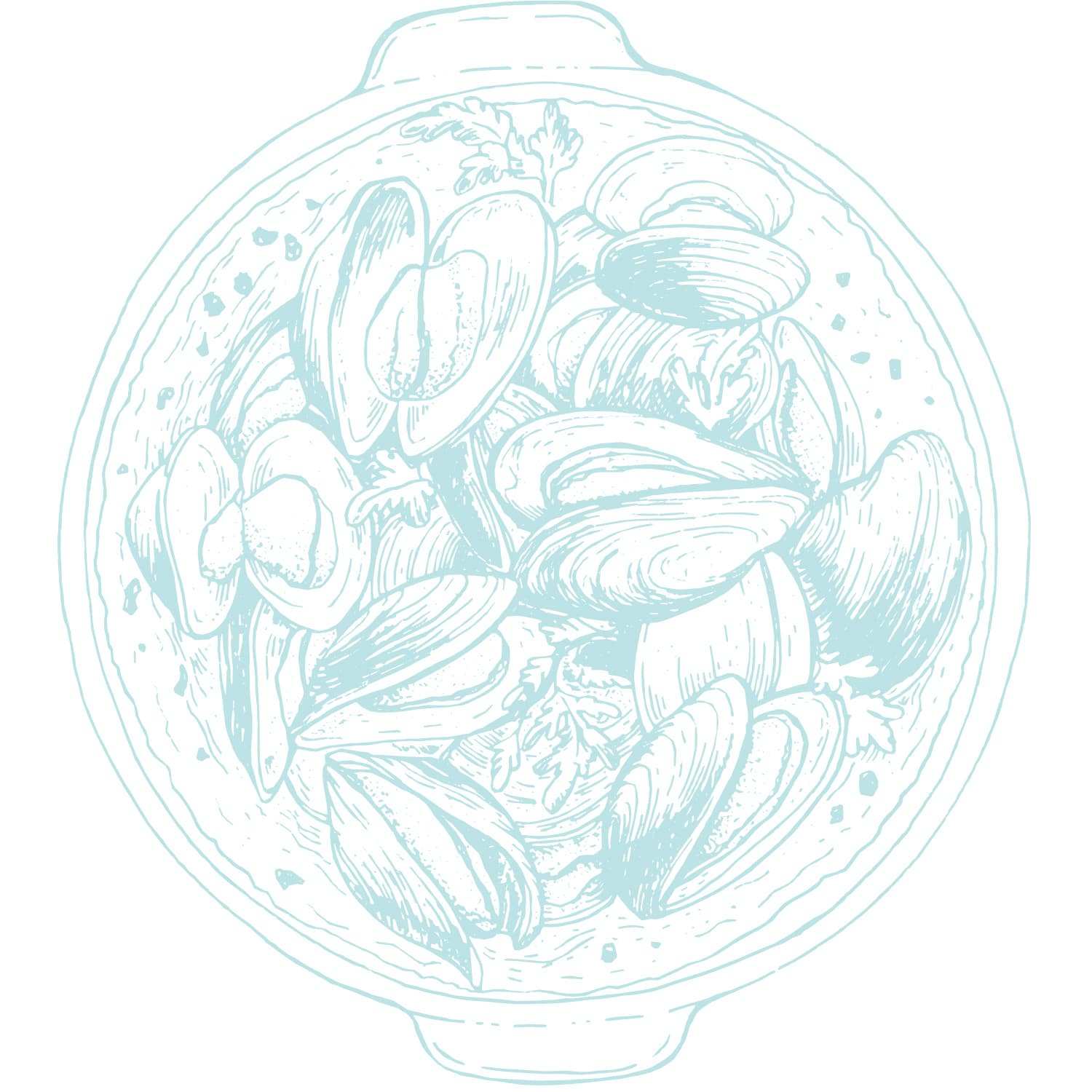 Illustration of a dish of mussels served on a plate