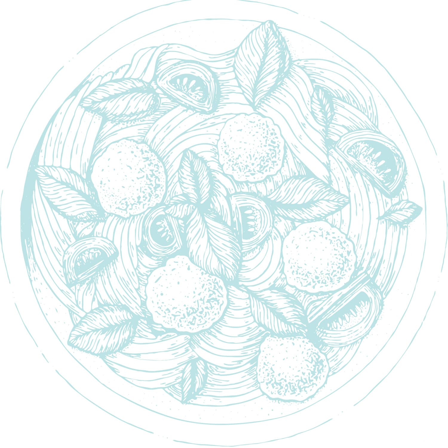 Illustration of a beautifully decorated dish of pasta with tomatoes