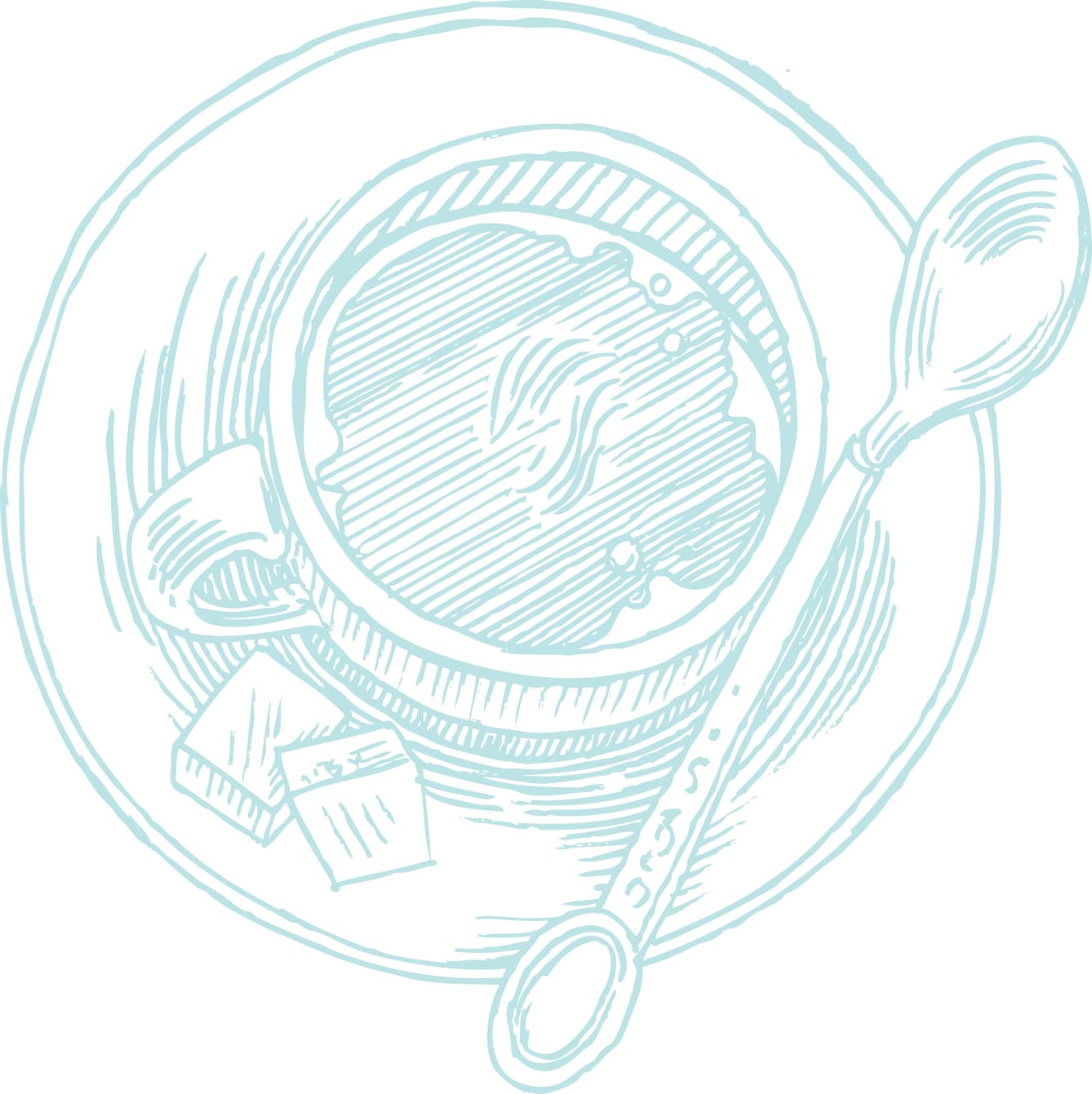 Illustration of a coffee cup on a saucer with a spoon and sugar cubes